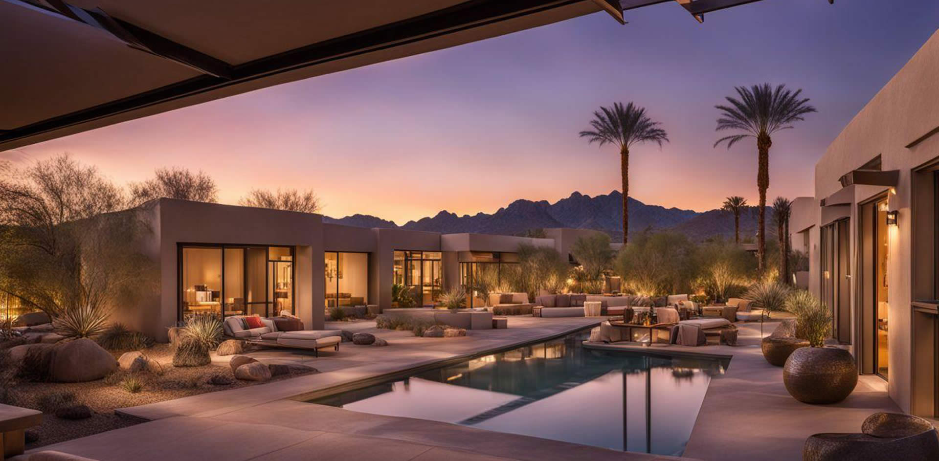 A pool and a building with mountains in the background