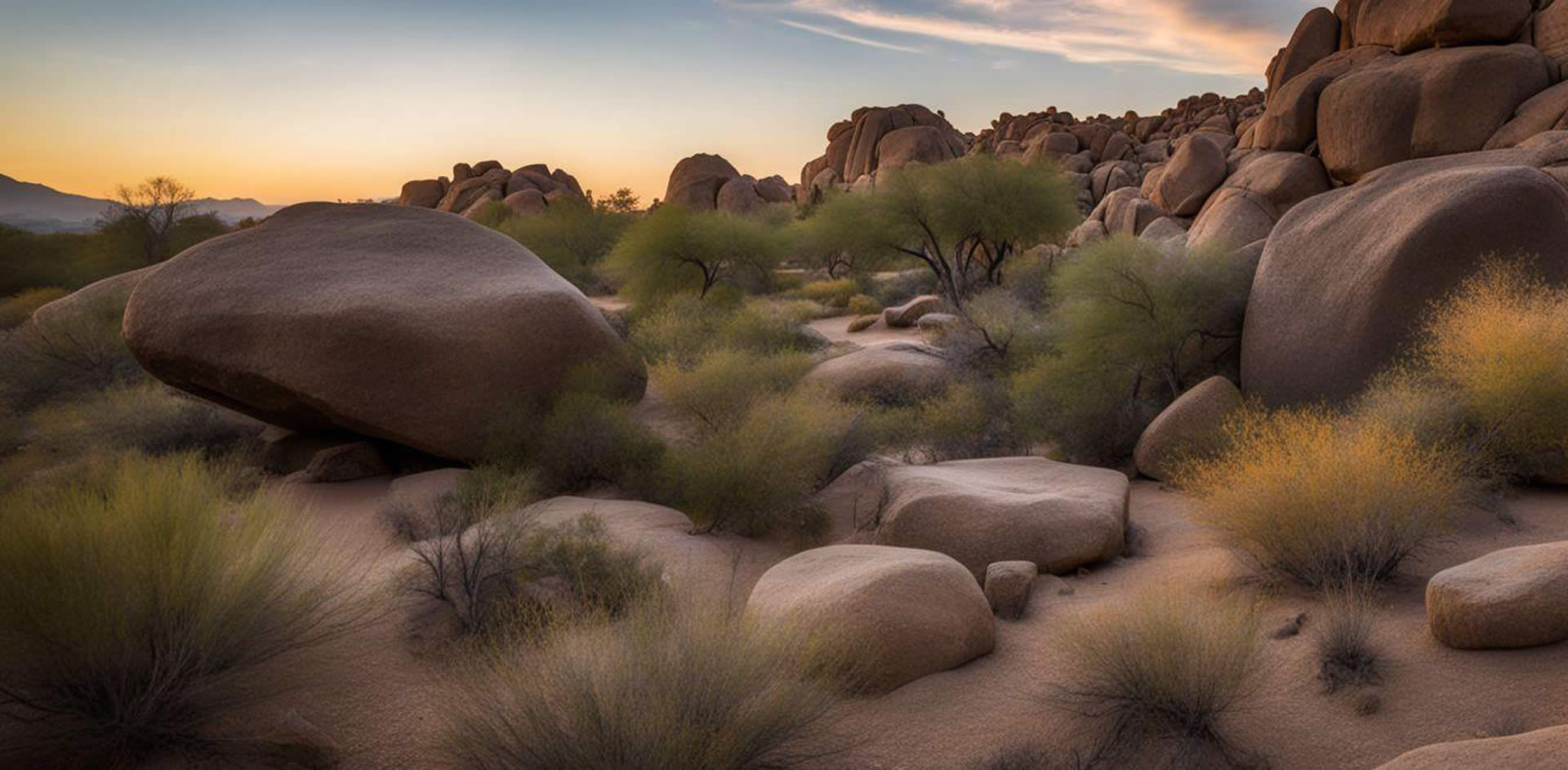 A desert landscape with rocks and bushes