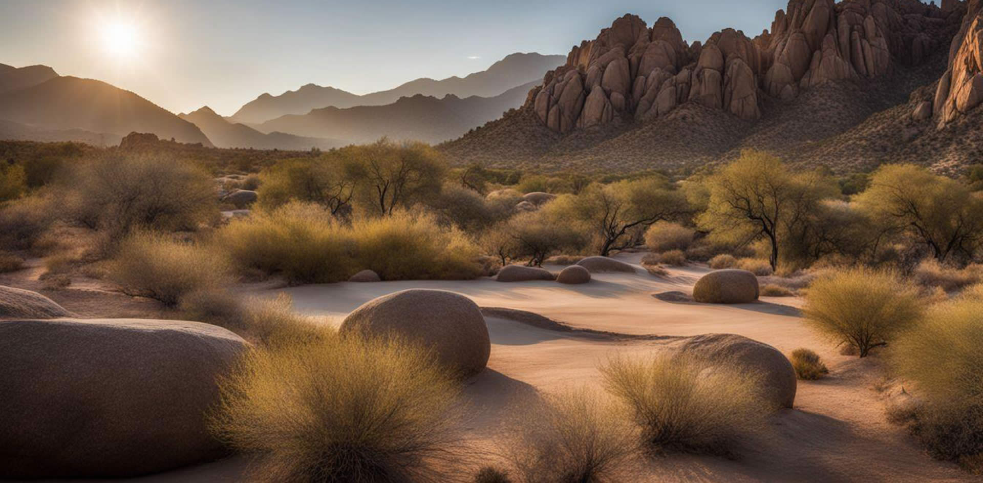 A desert landscape with rocks and bushes