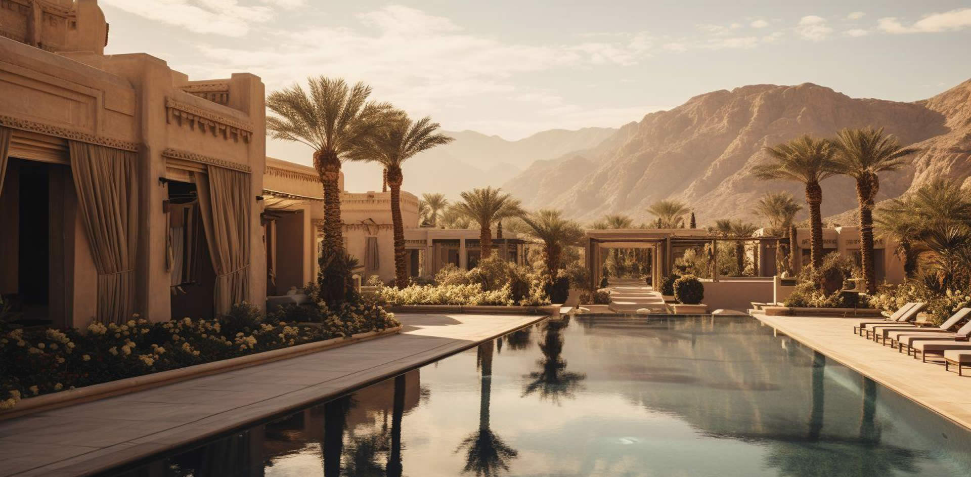 A pool with palm trees and mountains in the background