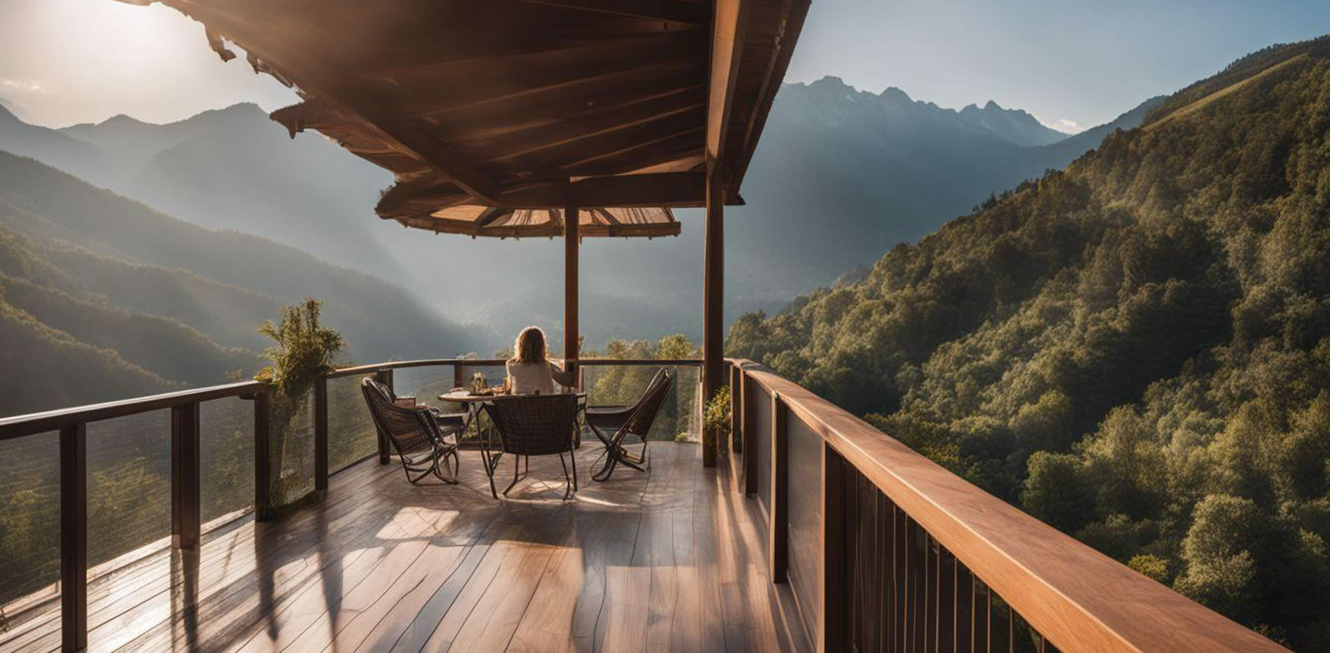 A person sitting at a table on a deck overlooking a mountain range