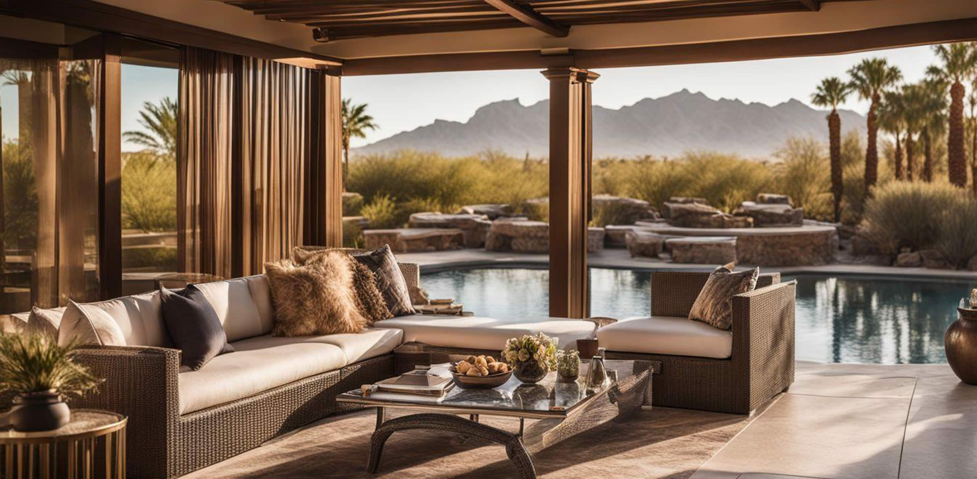 A patio with a pool and a couch