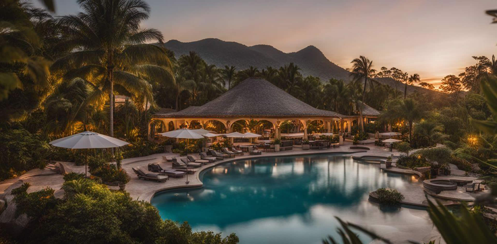 A pool with lounge chairs and a gazebo in the background