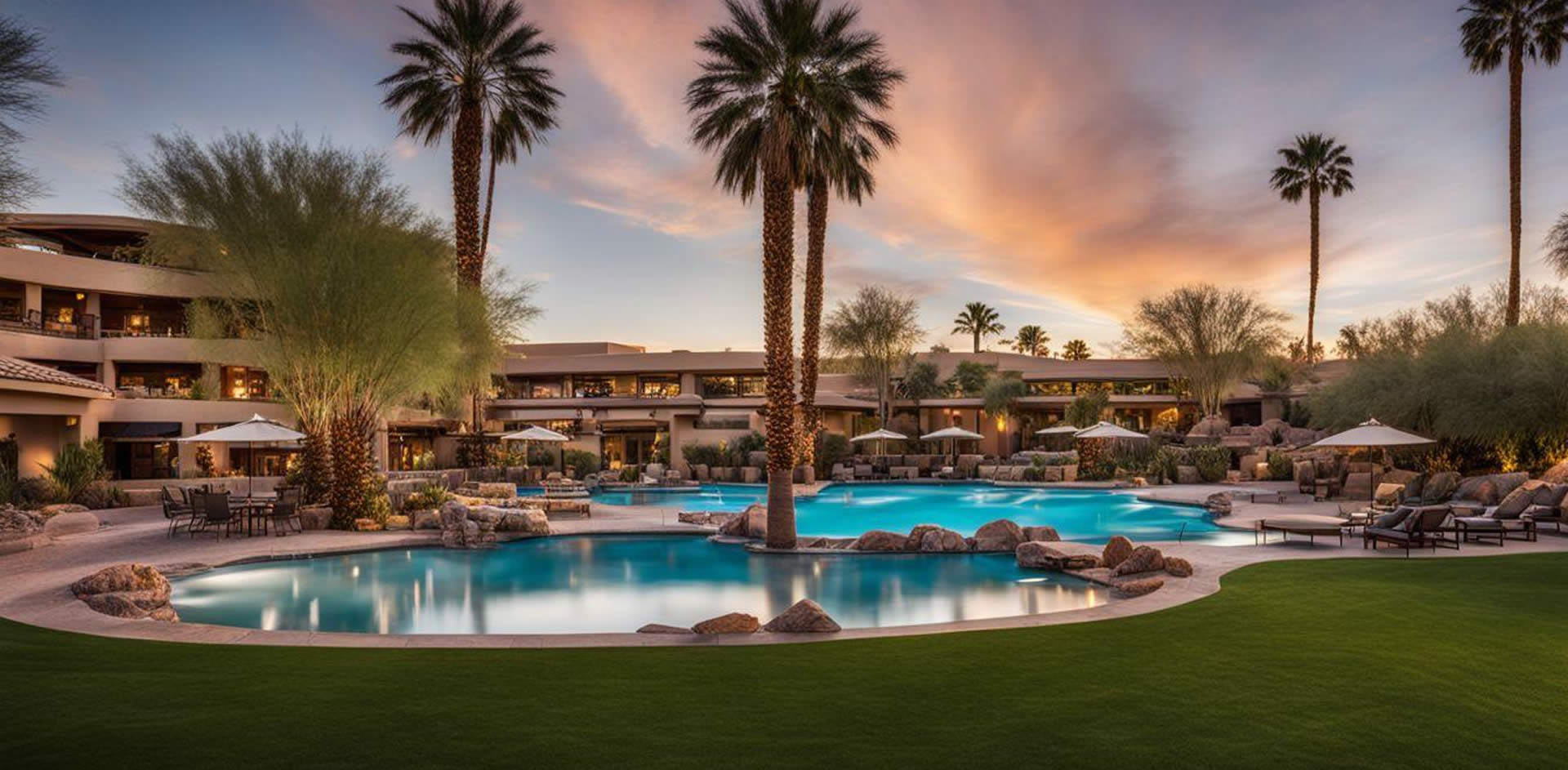 A pool with palm trees and a building