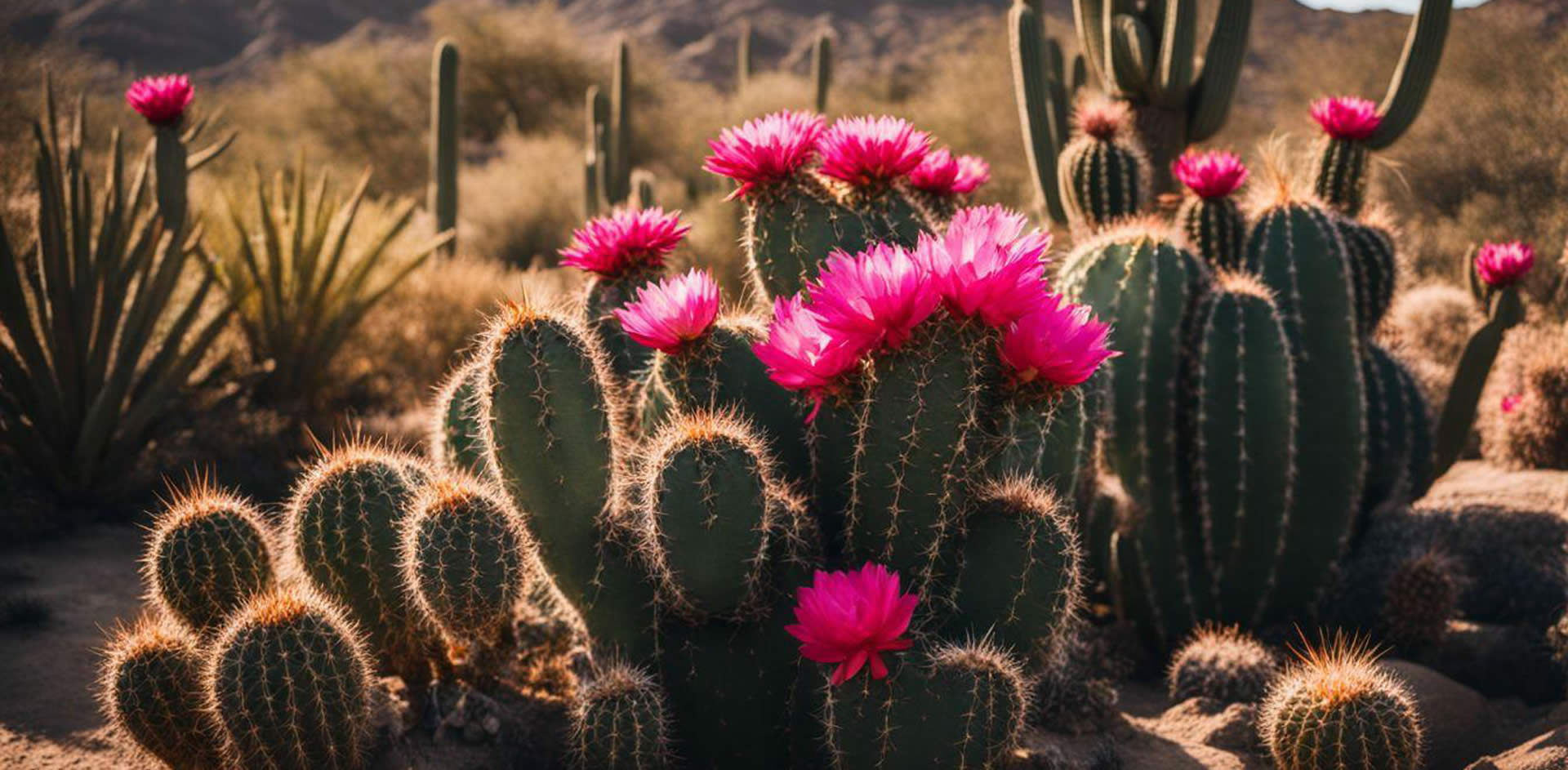 A group of cactus with pink flowers