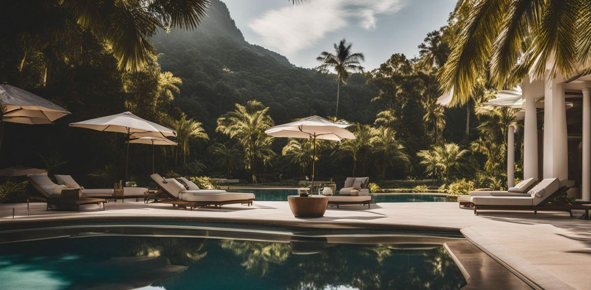 A pool with chairs and umbrellas by a mountain