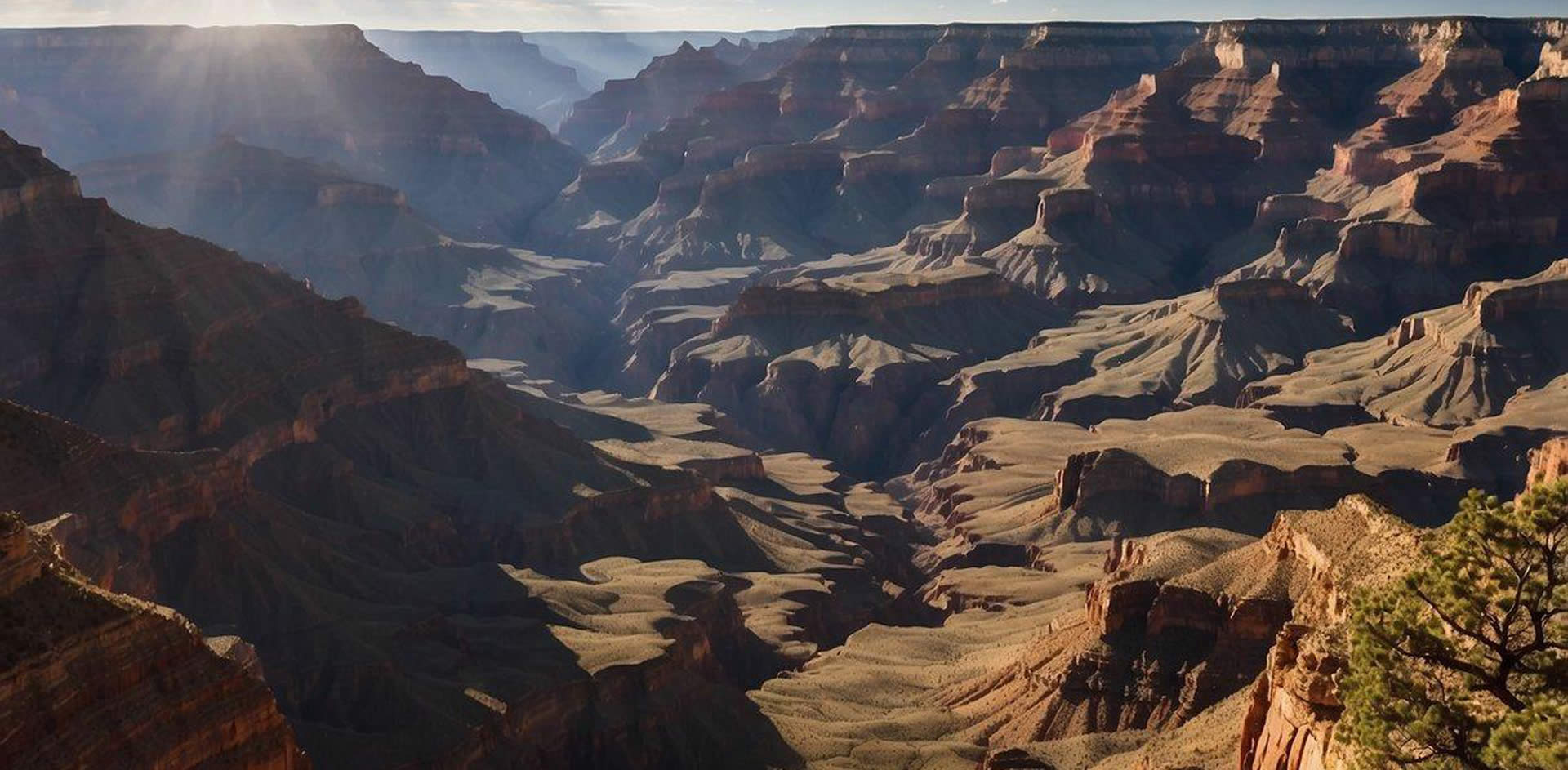 A panoramic view of the Grand Canyon South Rim, with towering red rock formations, winding river, and lush greenery. Sunlight casts dramatic shadows across the landscape, creating a breathtaking natural spectacle