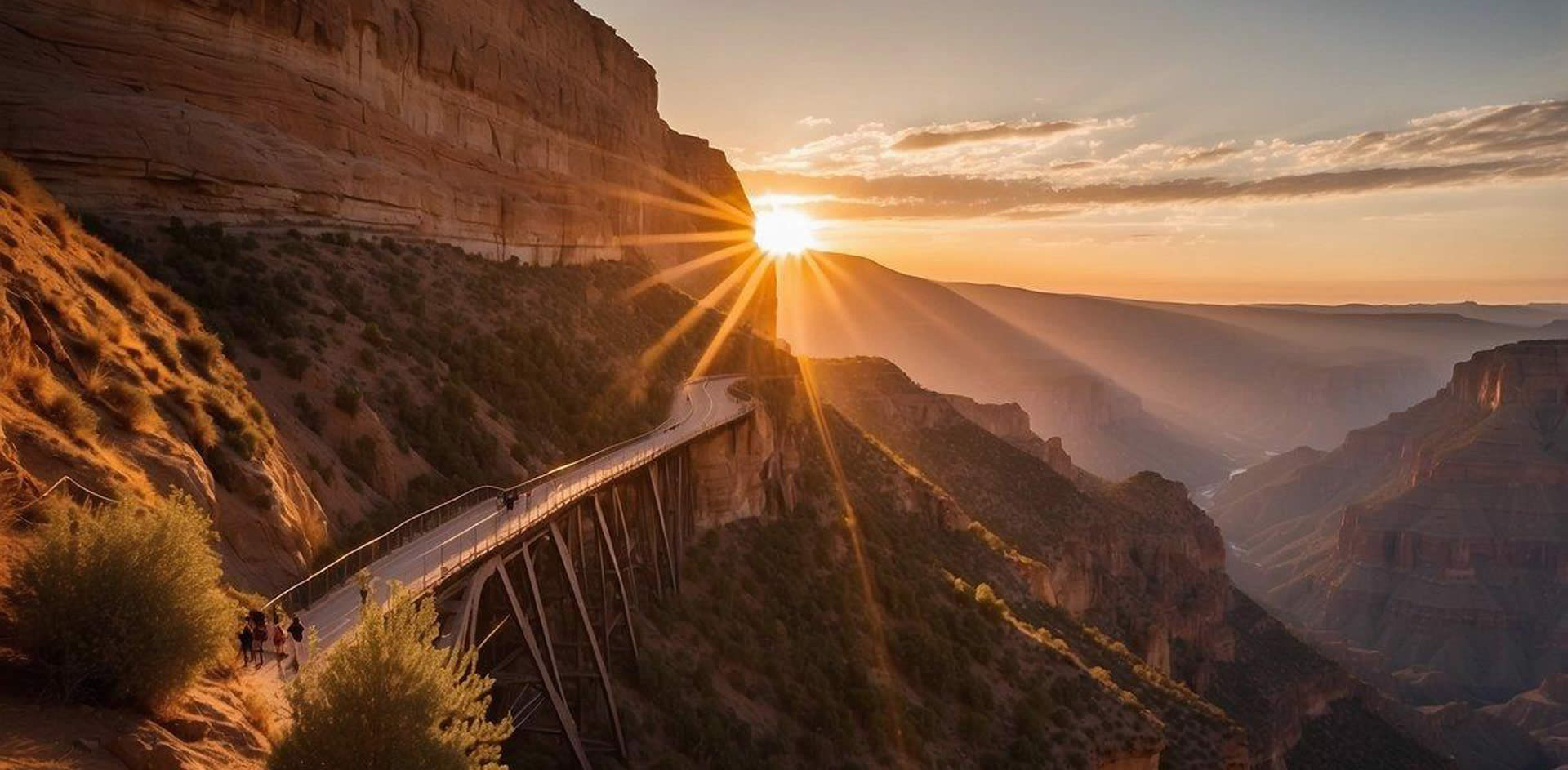 The sun sets behind the towering cliffs, casting a warm glow over the vast canyon. Visitors gaze in awe at the breathtaking view from various lookout points