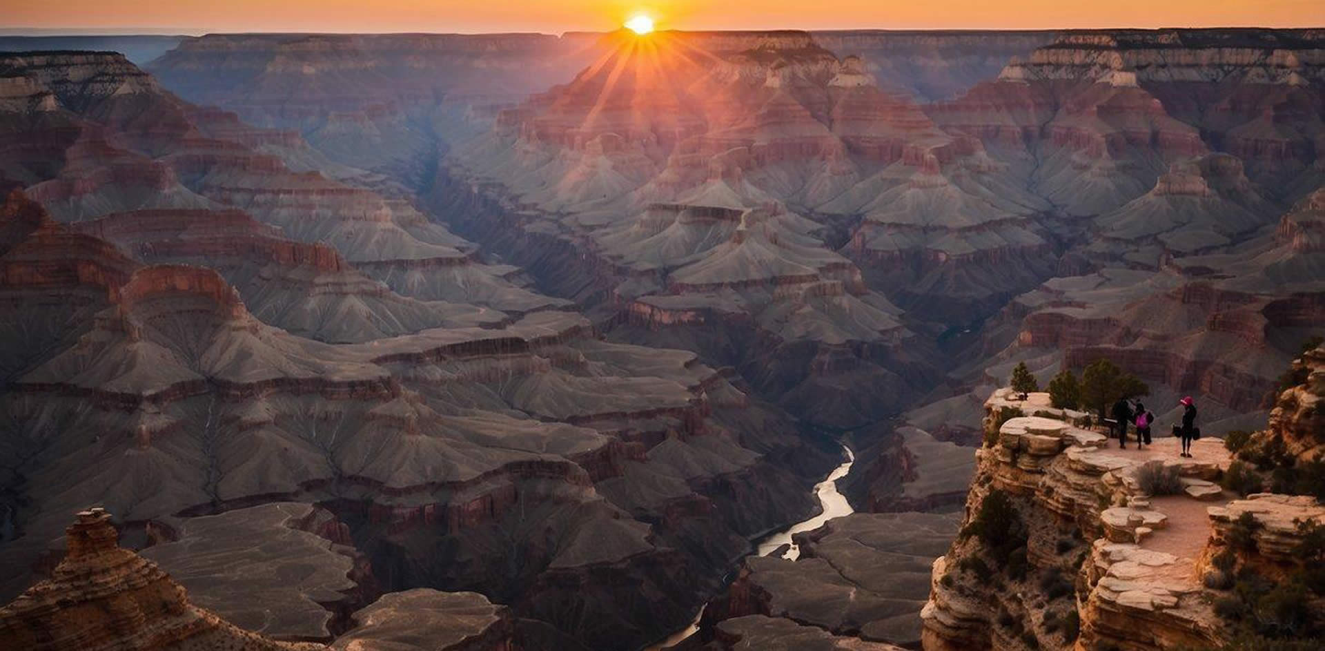 Sunset at Grand Canyon South Rim. Vast canyon, colorful layers, and winding river. Visitors taking in the breathtaking view