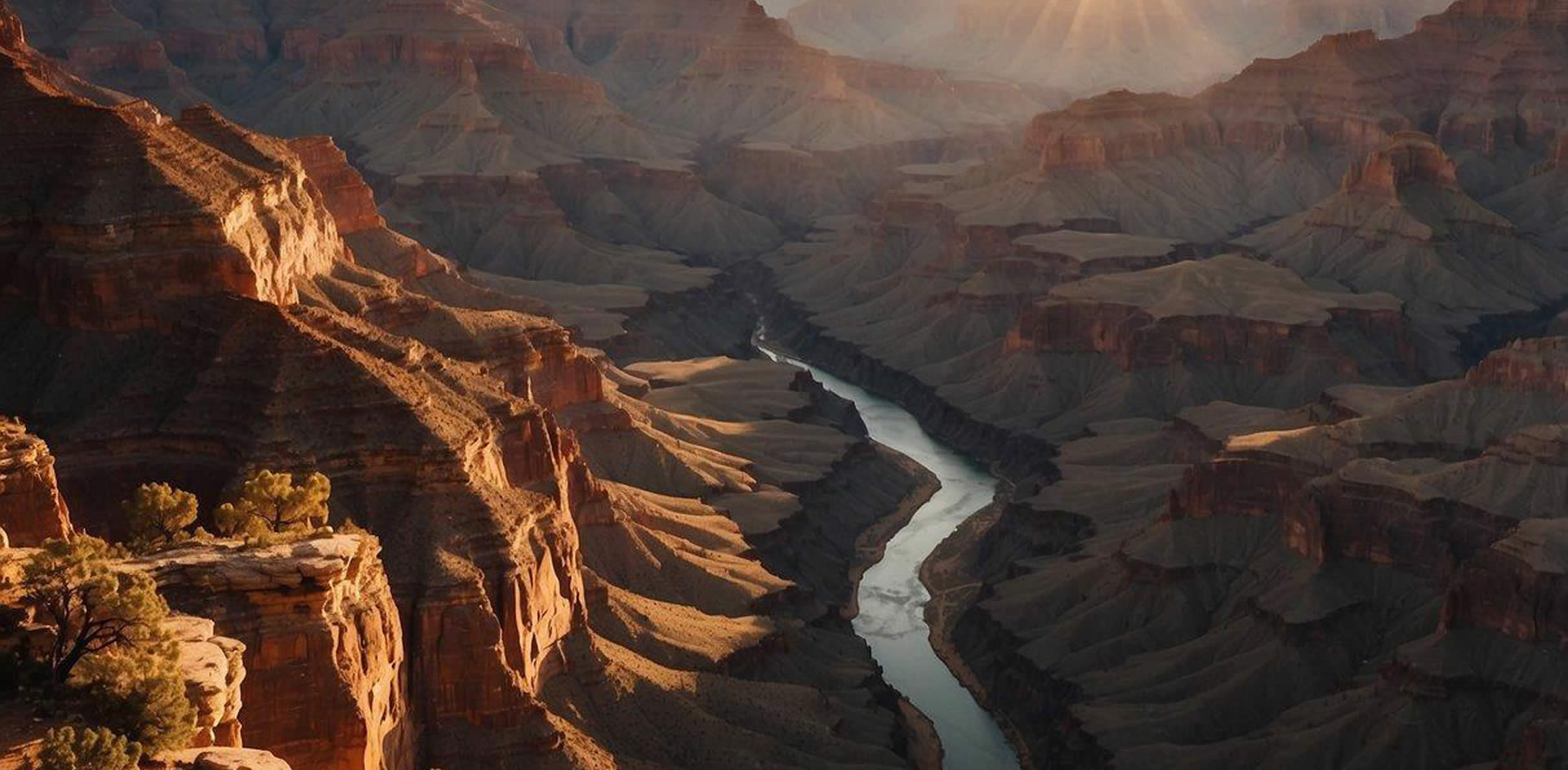 A majestic view of the Grand Canyon South Rim, with towering cliffs, winding trails, and the Colorado River below. The sun casts a warm glow over the breathtaking landscape