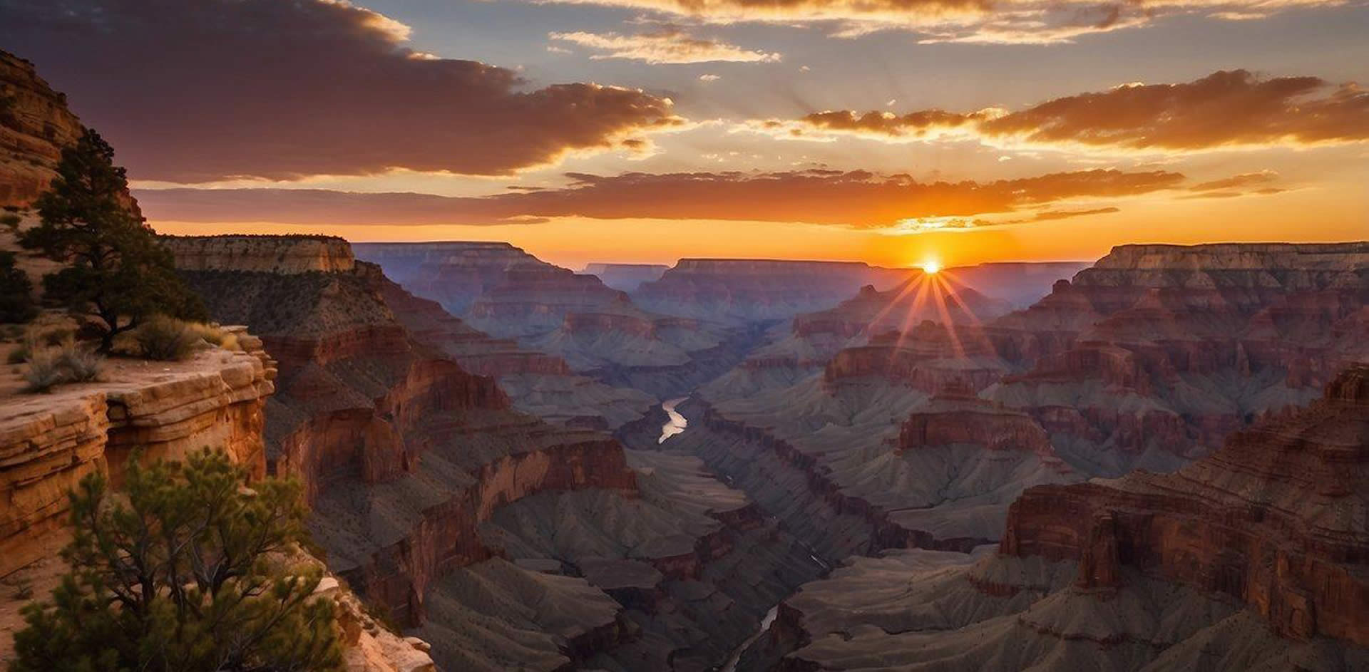 The sun sets behind the towering red cliffs of the Grand Canyon South Rim, casting a warm glow over the vast expanse of the canyon. The winding Colorado River cuts through the rugged landscape, creating a stunning natural masterpiece