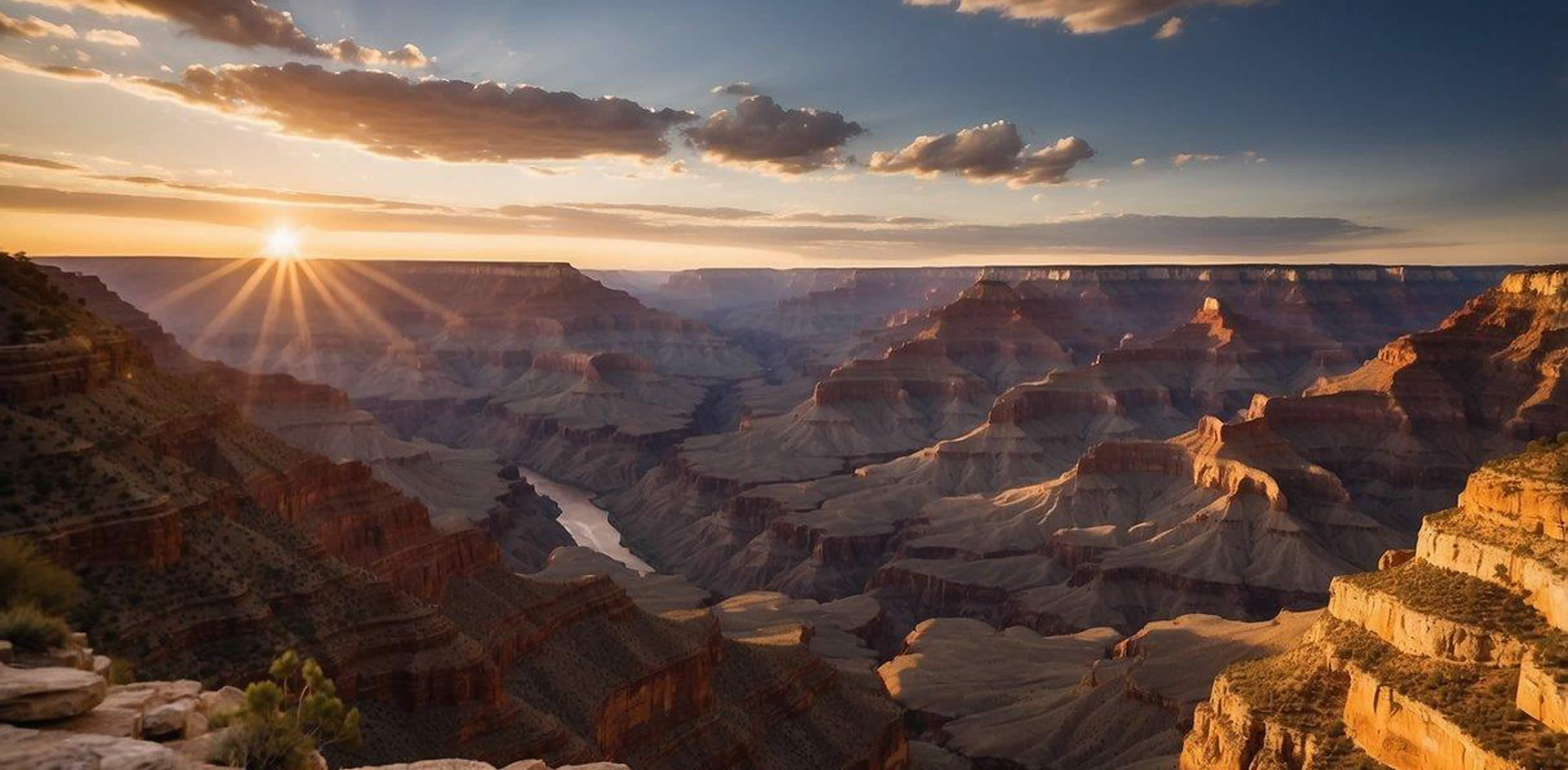 The sun sets behind the majestic Grand Canyon, casting a warm glow over the rugged cliffs and winding Colorado River below. Tourists gather at the lookout points, marveling at the breathtaking vista before them