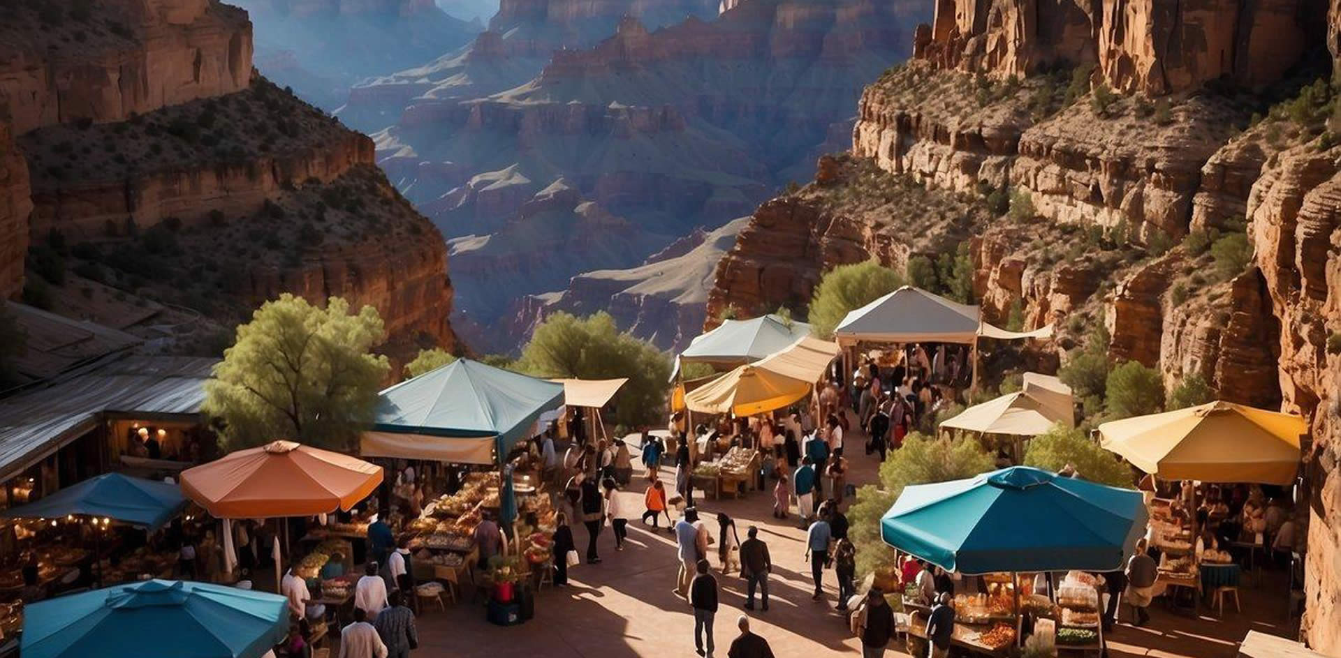 A bustling market with colorful stalls and outdoor dining areas surrounded by the majestic cliffs and canyons of the Grand Canyon South Rim