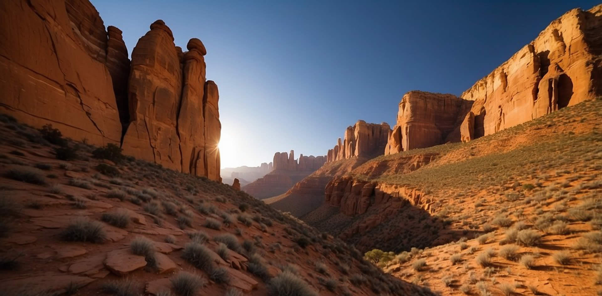 The sun sets behind the towering red rock formations, casting a warm glow over the expansive canyon. A winding river cuts through the rugged terrain, while wildlife roams freely in the distance