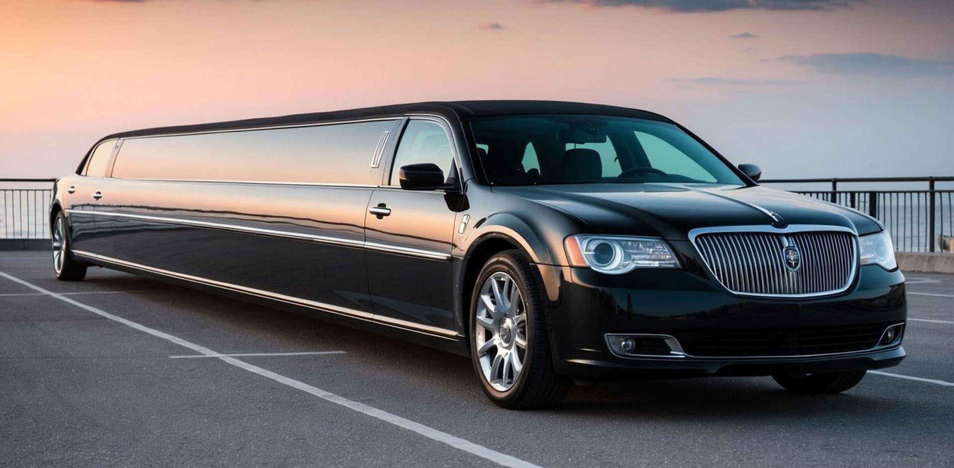 A sleek, elegant limousine parked next to a stretched version, showcasing the contrast in length and luxury. The regular limo is compact and refined, while the stretch limo is elongated and extravagant