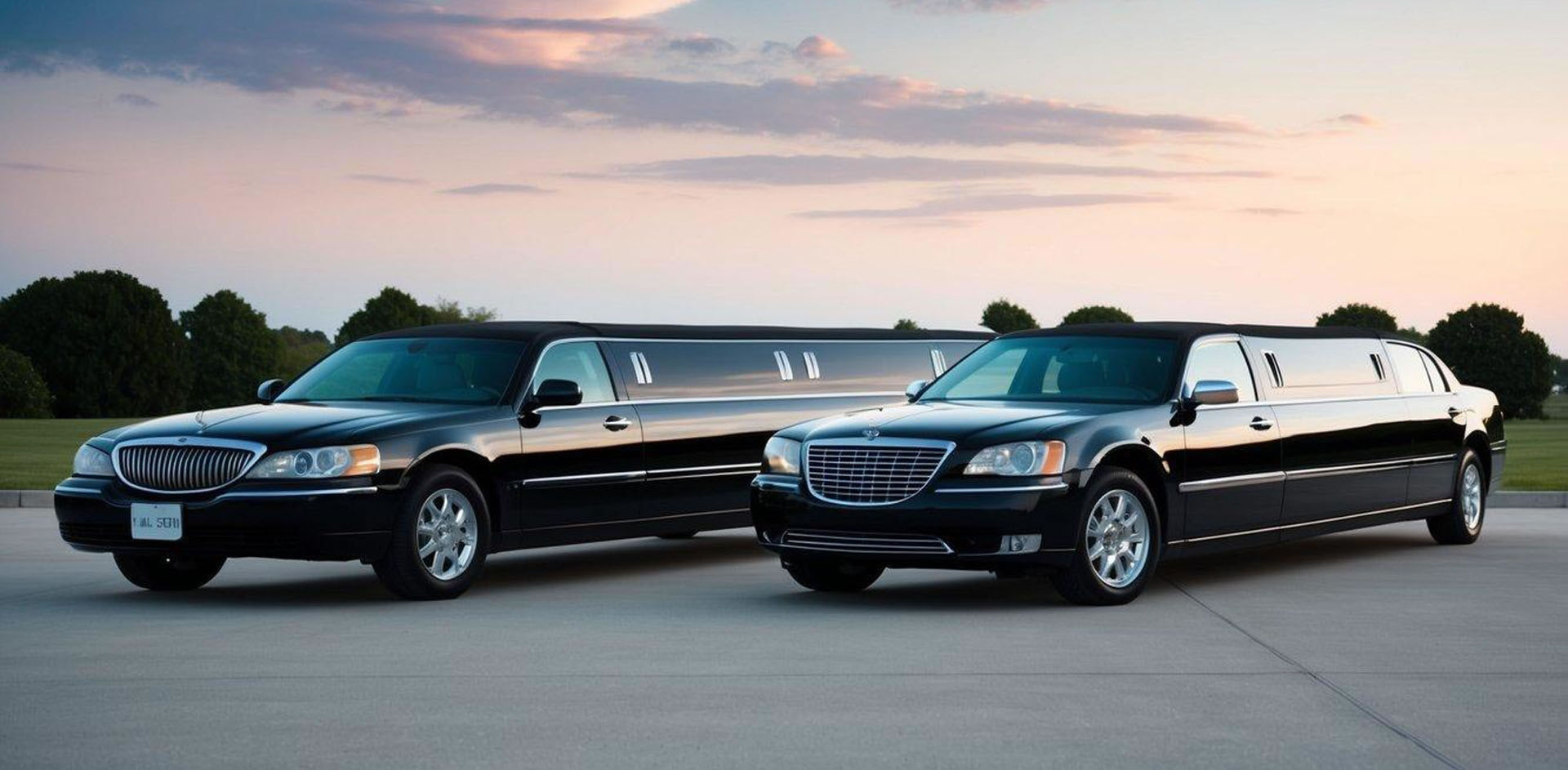 A limousine parked outside a corporate office, while a stretch limo is seen at a wedding venue