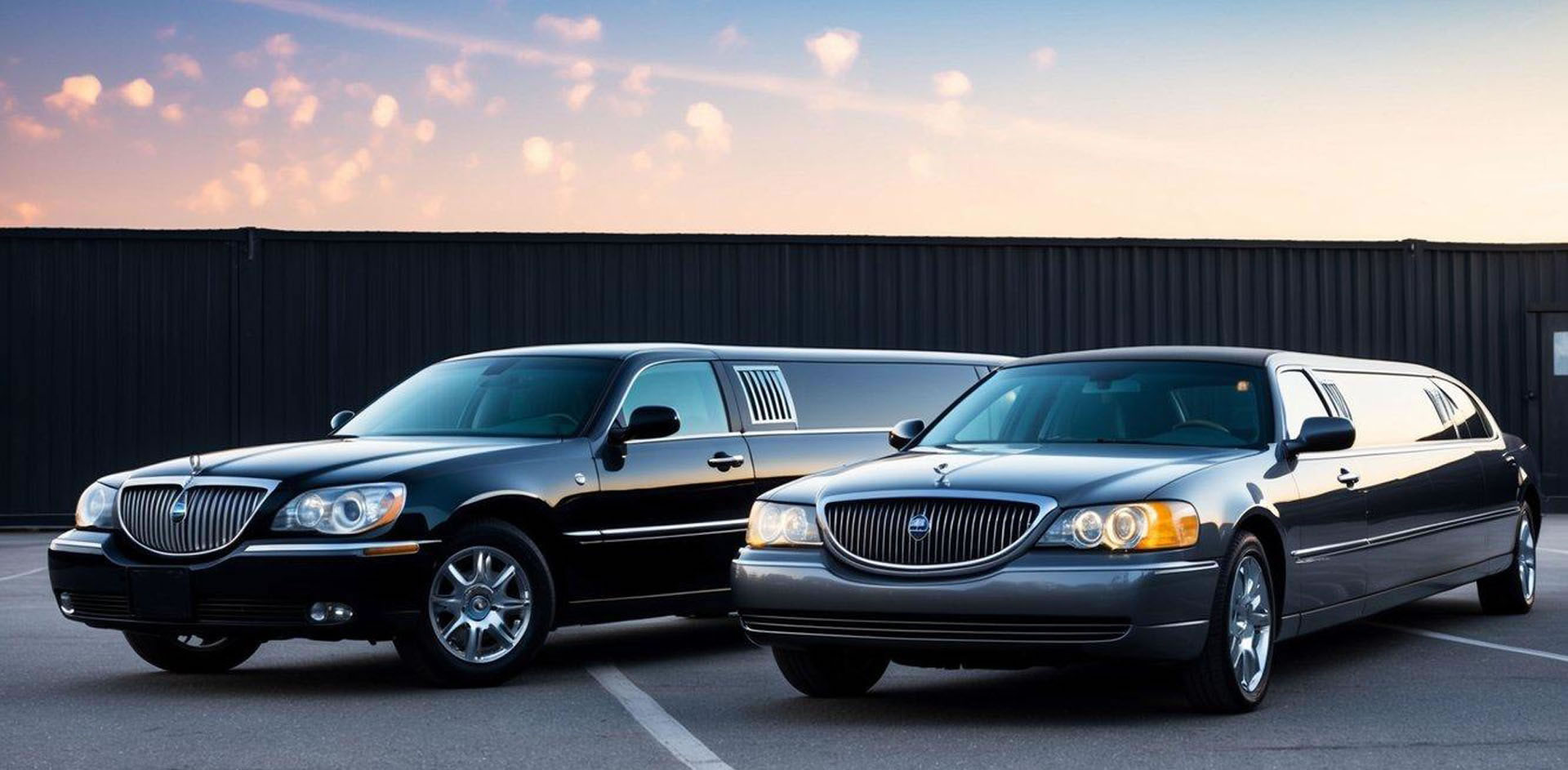 A sleek limousine parked next to a longer, more luxurious stretch limo, highlighting the difference in size and style