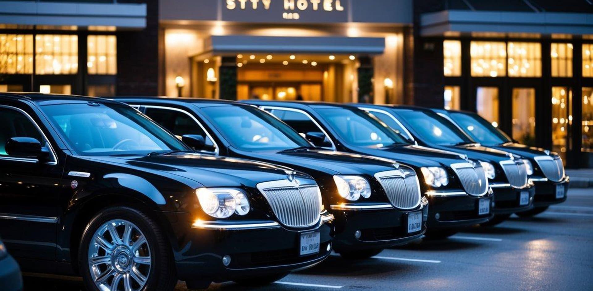 A row of sleek, luxury limousines parked in front of a grand hotel entrance, with their shining exteriors reflecting the city lights at night