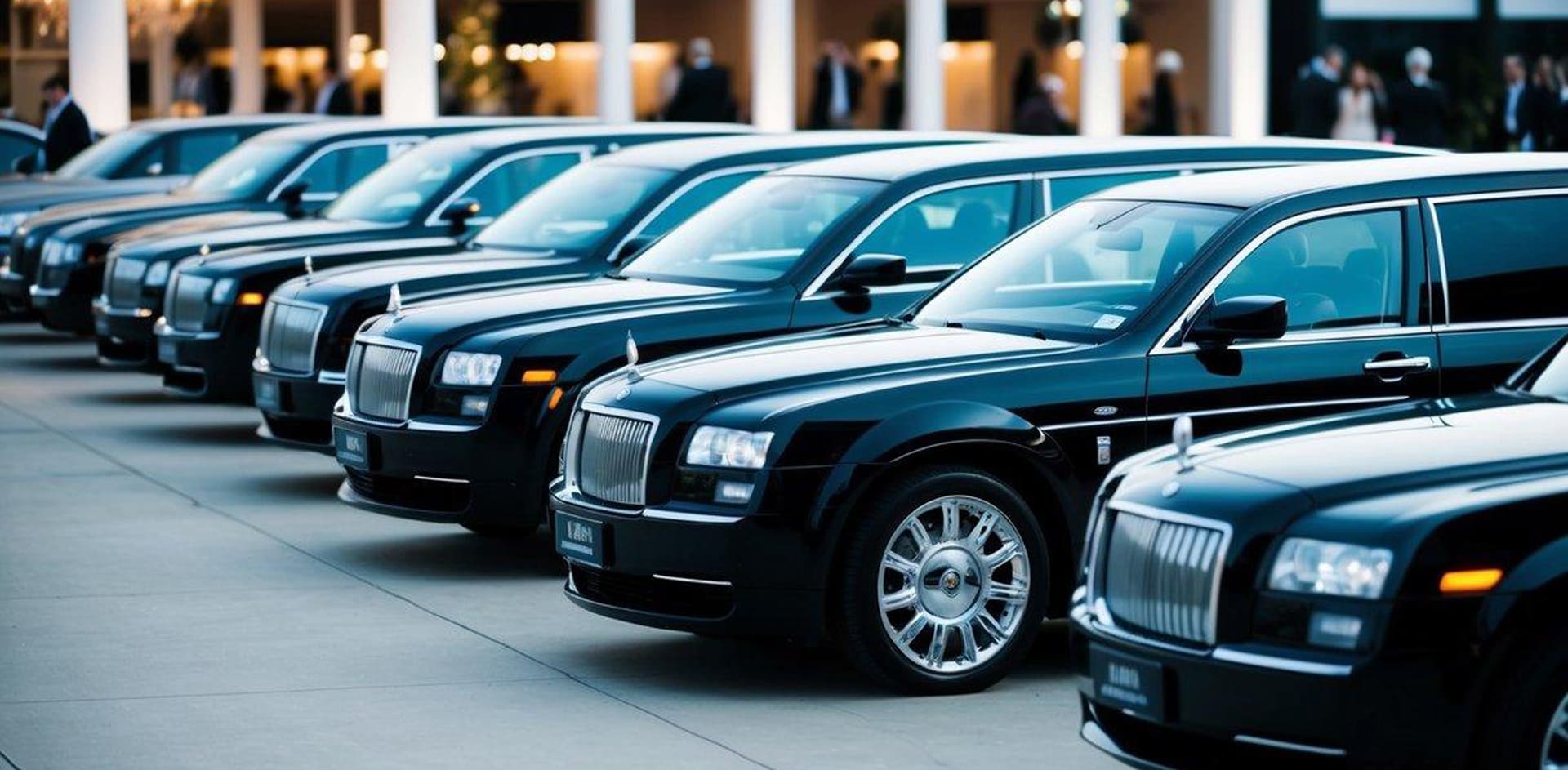 A row of sleek, luxurious vehicles lined up outside a grand event venue, with elegant limousines standing out among the rest